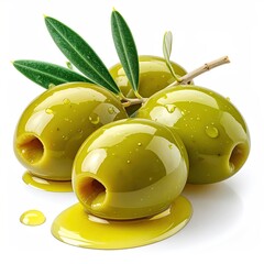 Pitted green olives with leaves and spilled olive oil on a white background