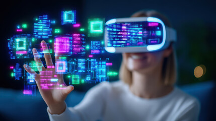 Virtual reality woman interacting with neon data holograms smiling futuristic interface