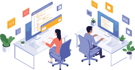 Isometric software development illustration, programmers coding at desks, web programming screens, teamwork concept, modern IT workplace, technology collaboration