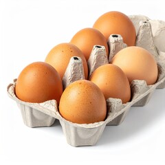 A carton of brown shelled eggs on a white background
