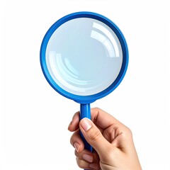 Hand holding a blue magnifying glass against a white backdrop (1)