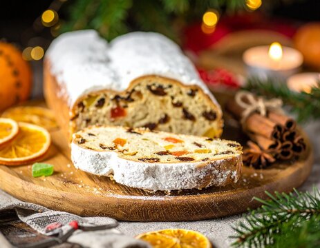 Traditioneller Christstollen mit reichhaltiger F&uuml;llung aus Rosinen und kandierten Fr&uuml;chten