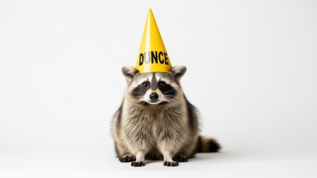 raccoon wearing a dunce cap hat, dim, dumb, stupid, on a white background, animal photo