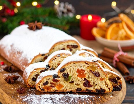 Traditioneller Christstollen mit reichhaltiger F&uuml;llung aus Rosinen und kandierten Fr&uuml;chten