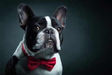 French bulldog wearing a red polka dot bow tie looking away on a dark background. Pet expressing elegance and style