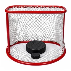 A red hockey net with two black pucks inside