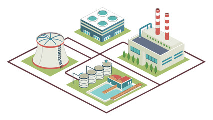 Illustration of industrial complex with nuclear reactor and factory buildings