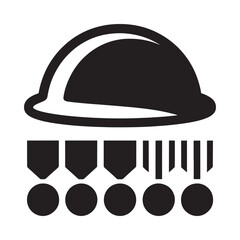 A black and white illustration of a construction helmet with medals below