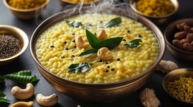 A visually indulgent and culturally rich scene showcasing Ven Pongal / Khara Pongal, the iconic and beloved breakfast dish of Tamil Nadu and South India