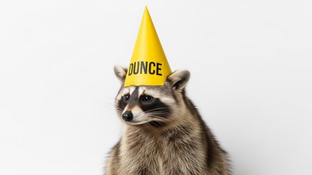 raccoon wearing a dunce cap hat, dim, dumb, stupid, on a white background, animal photo