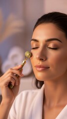 Woman using a jade roller on her face for skincare routine.