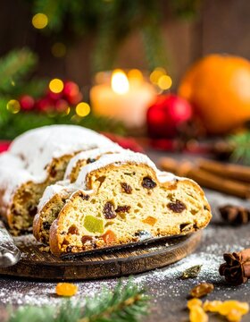 Traditioneller Christstollen mit reichhaltiger F&uuml;llung aus Rosinen und kandierten Fr&uuml;chten