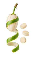 Fresh peeled eggplant with spiral green peel and sliced rounds isolated on white background, perfect for cooking or healthy recipes