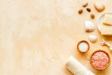 Obraz na płótnie Canvas Set of body care cosmetics products with essential oil scrubs and sea salt, top view. Aromatherapy spa products