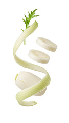 Fresh peeled celery stalk with two celery slices and green leaves isolated on white background, perfect for cooking and healthy recipes