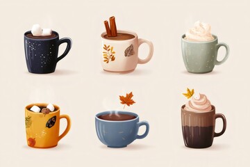 Obraz premium Set of assorted hot beverages and seasonal mugs, capturing the cozy feeling of autumn and refreshing warm drinks