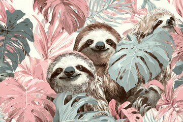 Obraz premium Charming seamless pattern of adorable sloths peeking from lush pink and green tropical leaves for wallpaper, textile, and wrap designs