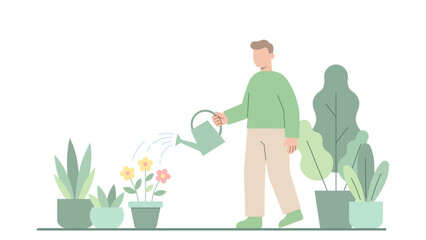 Person Watering Plants in Spring Garden Modern Flat Vector Illustration