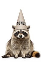 Obraz premium raccoon wearing a dunce cap hat, dim, dumb, stupid, on a white background, animal photo