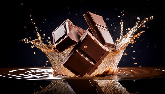 dark chocolate pieces levitating with splashing liquid against a black backdrop