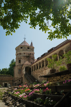 View of Bethlen Castle's stone facade, adorned with vibrant flowers and framed by lush foliage under a clear sky, Cris, Transilvania, Romania.
