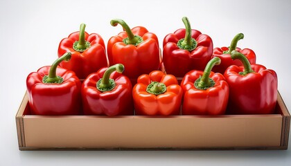 fresh ripe bell peppers of vibrant red tones in a produce showcase against on white background