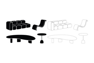 Modern furniture designs in black and outline styles: sofas, chairs, coffee tables