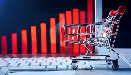 a small metal shopping cart is positioned on a keyboard behind the cart a digital bar chart displays red and white vertical bars symbolizing data analysis and e commerce trends