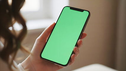 Hand holding mobile smartphone with green screen chroma key mockup for application design and digital media display.
