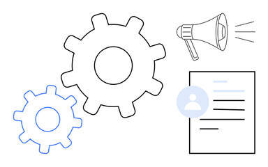 Business operations, communication, marketing strategy, process optimization, teamwork, workflow management. Gears, a megaphone and a document with a user icon. Business operations and communication