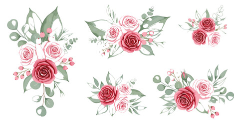 Luxury red rose bouquet with golden leaves and ornate gold butterfly isolated on white background elegant floral vector illustration for wedding design.