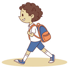 Naklejka premium Happy boy walking to school with backpack casual attire sunny day atmosphere