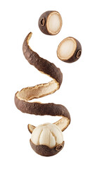 Dried citrus fruit peel spiral with slices and peeled fruit isolated on white background, natural ingredient and spice, perfect for cooking and decoration