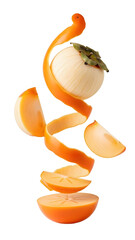 Floating peeled persimmon fruit with spiral peel and separated segments isolated on white background, perfect for healthy food or cooking concepts