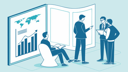 Obraz premium Business Meeting with Global Data Analysis on Screen and Team Discussion