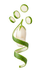 Fresh green snake fruit peeled vertically with spiral peel and cross-section slices isolated on white background, perfect for healthy food and exotic fruit concepts