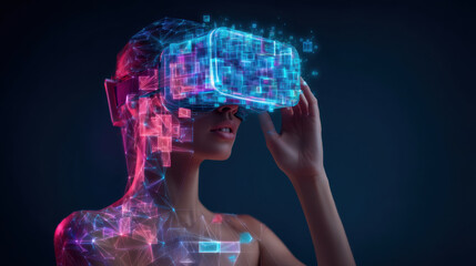 Virtual reality headset user exploring neon digital environment, immersive futuristic experience