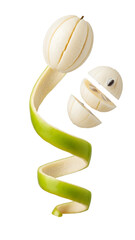 Fresh peeled feijoa fruit with green peel spiral and sliced pieces isolated on white background, perfect for healthy food recipes