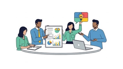Diverse business team collaborating around a table, analyzing charts and ideas on a laptop.