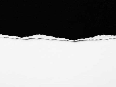 Torn edge of black paper on white background with ripped texture