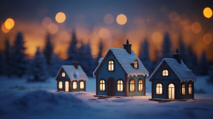 Charming miniature Christmas village houses dusted with snow, illuminated at night with bokeh lights.