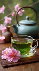 Fresh green tea in transparent glass cup on bamboo mat with pink blossoms and teapot, serene natural still life with soft daylight, wellness and relaxation concept for spa branding, lifestyle blogs