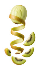 Fresh peeled kiwi with spiral peel and sliced kiwi pieces isolated on white background, perfect for healthy eating and nutrition content