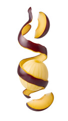 Fresh peeled peach with skin spiral and slices isolated on white background, perfect for food and health concepts