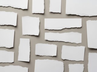 Torn white paper pieces on a gray background, ripped edges visible