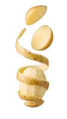 Fresh peeled potato with skin spiral floating isolated on white background, perfect for cooking and recipe content