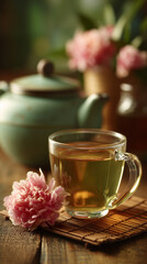Fresh green tea in transparent glass cup on bamboo mat with pink blossoms and teapot, serene natural still life with soft daylight, wellness and relaxation concept for spa branding, lifestyle blogs