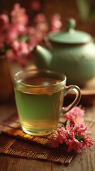 Fresh green tea in transparent glass cup on bamboo mat with pink blossoms and teapot, serene natural still life with soft daylight, wellness and relaxation concept for spa branding, lifestyle blogs