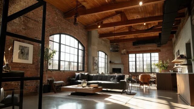 Medium shot of a loftstyle home with industrial elements and large windows focusing on natural light enhancing the open layout.