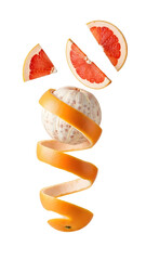 Peeled grapefruit with skin spiraling below and sliced segments floating, isolated on white background, fresh citrus fruit concept